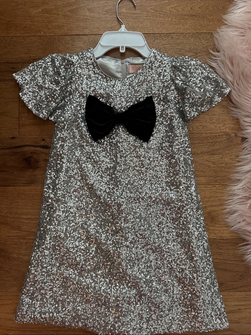 Biscotti Silver Sequin Dress with Black Bow Accent